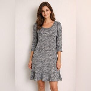 Talbots size medium , navy and cream heather dress with flare at bottom